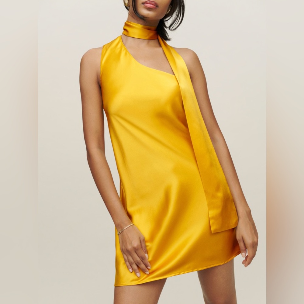 Reformation Keagan Silk Dress in Turmeric
